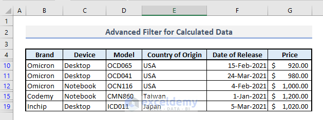 advanced filter for calculated data in excel
