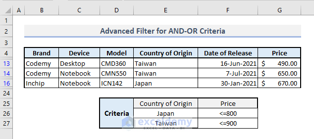 advanced filter and or logic criteria in excel
