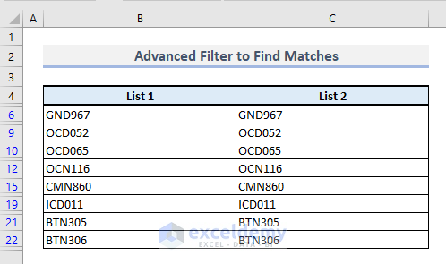 advanced filter to find matches in same rows in excel