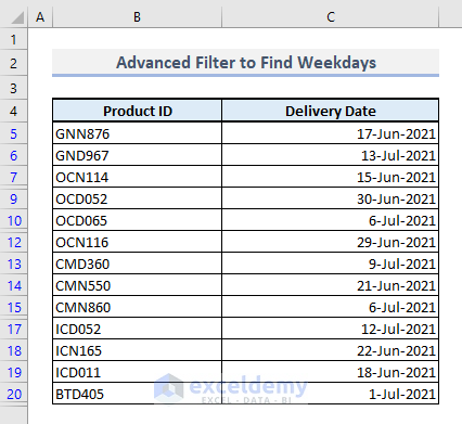 advanced filter to find weekdays in excel