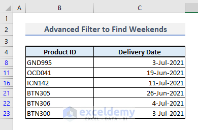advanced filter to find weekends in excel
