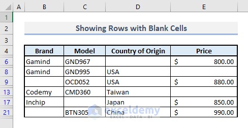 advanced filter to show rows with blank cells in excel