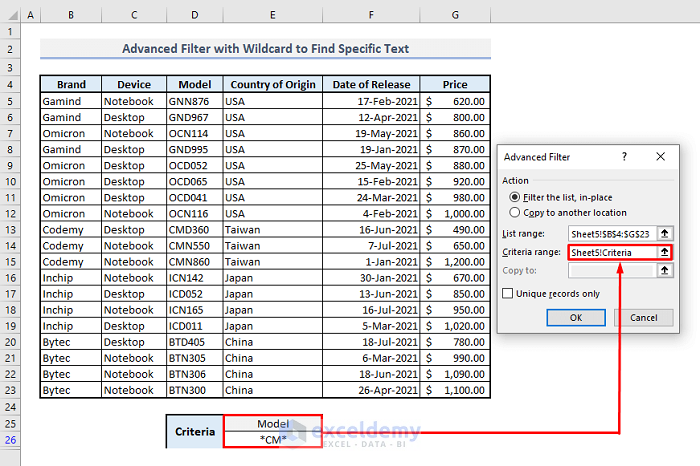 advanced filter with wildcard to find specific text in excel