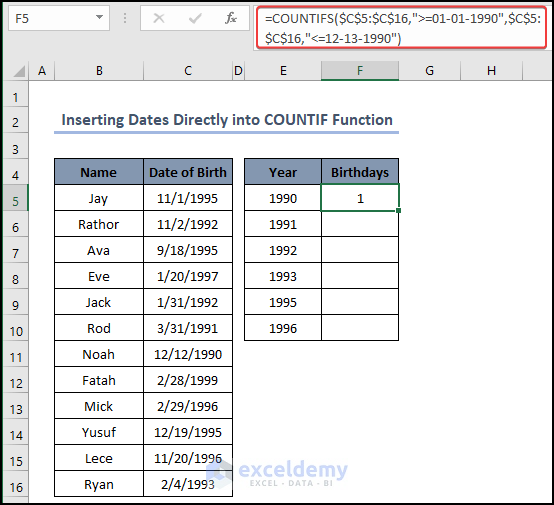 Inserting Dates Directly into COUNTIF Function