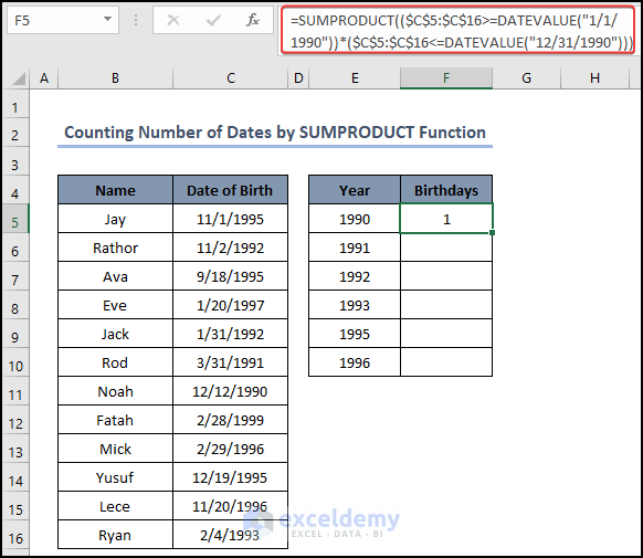 Applying SUMPRODUCT and DATEVALUE Function