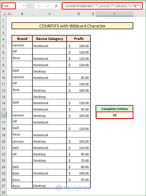 Incorporating COUNTIFS with Wildcard Characters to Count Cells across Different Columns