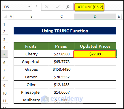 Using TRUNC Function to 2 decimal places without rounding in excel