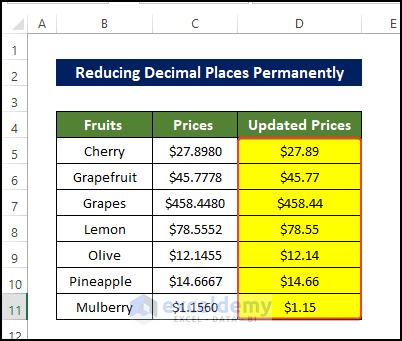 reduced decimal places permanently 
