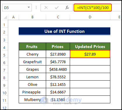 Use of INT Function to get 2 decimal places without rounding in Excel