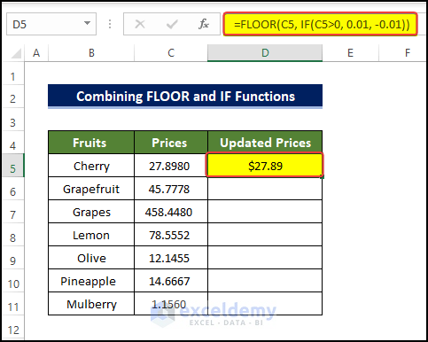 Combining FLOOR and IF Functions to get 2 decimal places without rounding in Excel