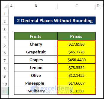 excel 2 decimal places without rounding