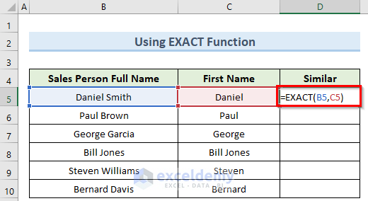 using exact function to compare two strings for similarity in excel