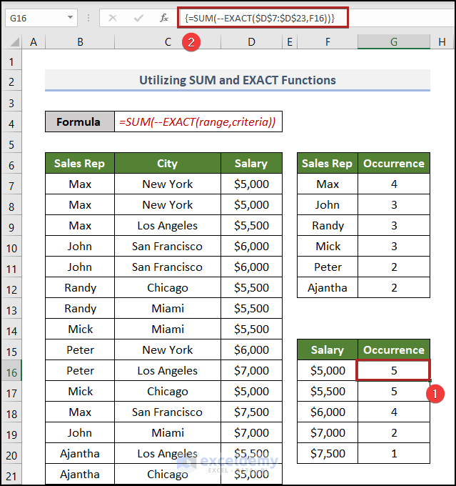 Utilizing SUM and EXACT Functions to count number of occurrences of each value in a column in Excel