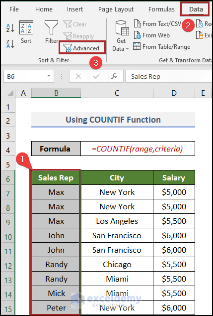 Using Sort & Filter Option to count number of occurrences of each value