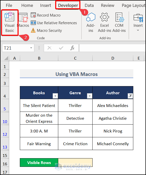 Applying VBA Code to count visible rows in Excel