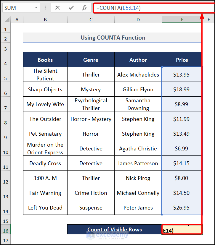 Using COUNTA function to count visible rows in Excel