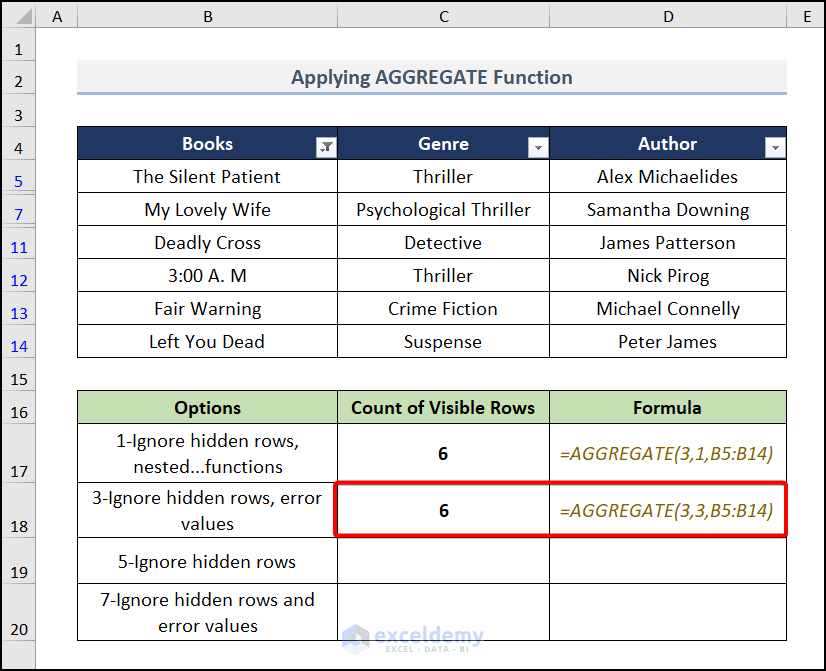 Utilizing the AGGREGATE Function ignoring hidding rows to count visible rows in excel