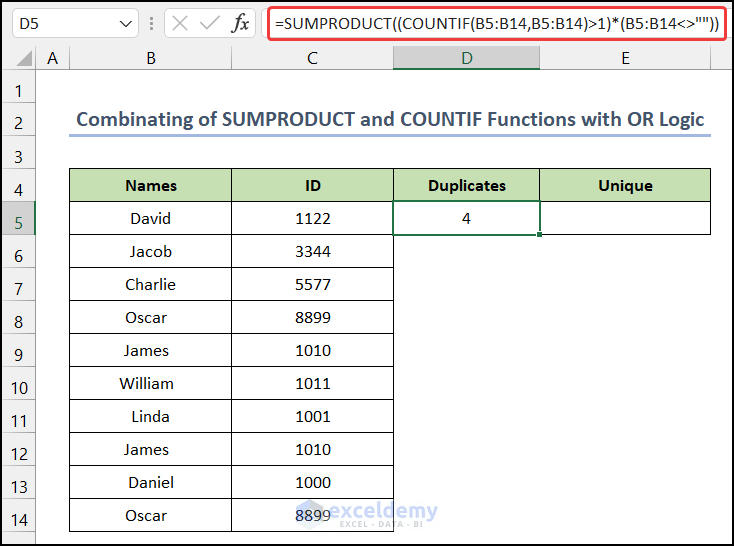 Combination of SUMPRODUCT and COUNTIF Functions with OR Logic to Find Duplicate IDs