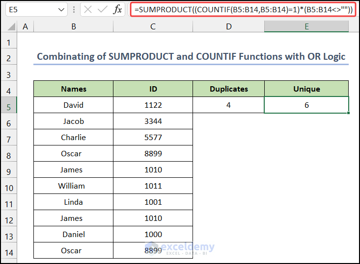 Combination of SUMPRODUCT and COUNTIF Functions with OR Logic to Find Unique IDs