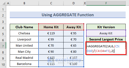 using aggregate function to find the second largest value with criteria in excel