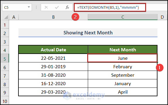 Showing the Name of the Next Month with TEXT & EOMONTH Functions