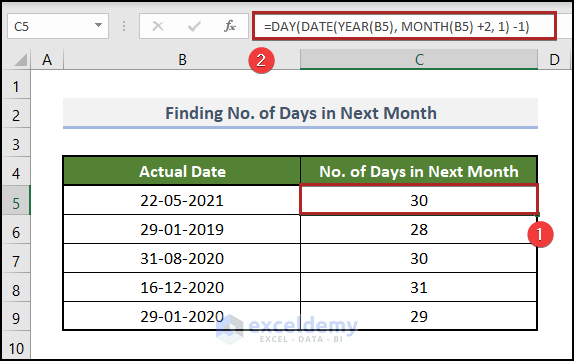 Getting the Number of Days of Next Month with DAY, DATE & MONTH Functions Together