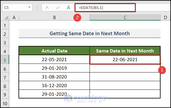 Using EDATE Function to Get Same Date of Next Month