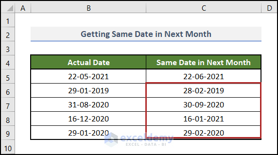 Excel Formula to Get Same Date for Next Month