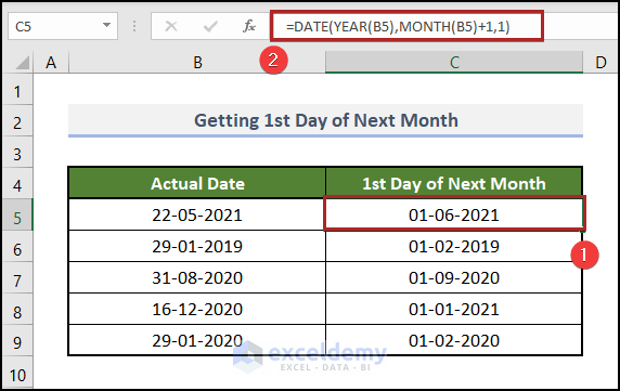 Excel Formula to Obtain the First Date of Next Month with DATE, YEAR & MONTH Functions