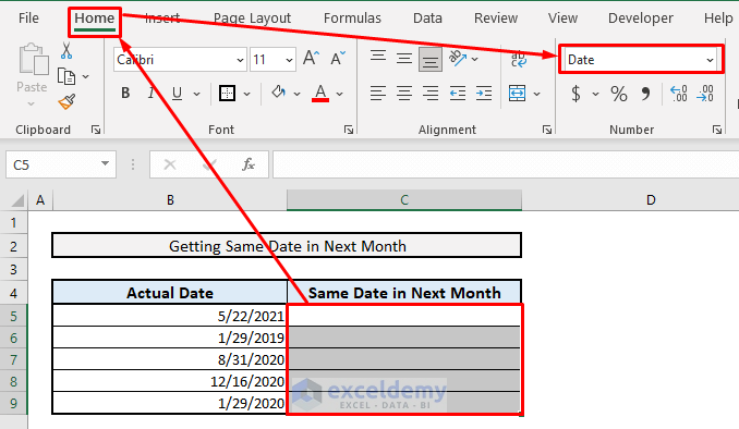 excel formula to get same date in next month