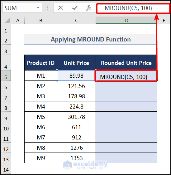 Applying the MROUND Function to round to nearest 100 in Excel
