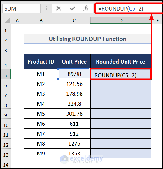 Utilizing the ROUNDUP Function to round to nearest 100 in Excel