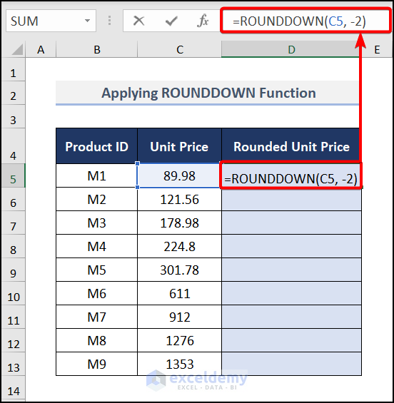 Applying the ROUNDDOWN Function to round to nearest 100 in excel