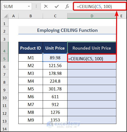 Employing the CEILING Function to round to nearest 100 in excel