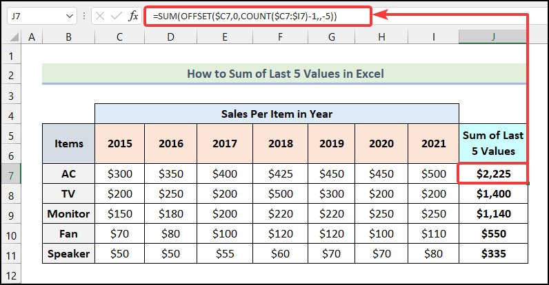 Using the OFFSET Function sum the last 5 values in a row in Excel