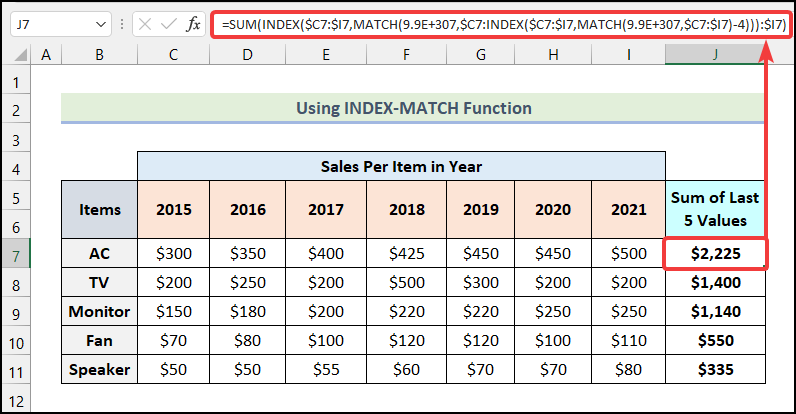 Utilizing INDEX, and MATCH Functions sum the last 5 values in a row in Excel
