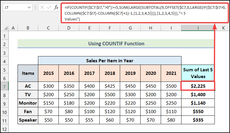 Using COUNTIF Function sum the last 5 values in a row in Excel