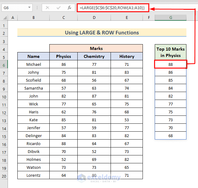 Use of the LARGE & ROW Functions to Get Top 10 Numbers
