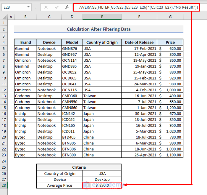 filter function multiple rows for calculation in excel