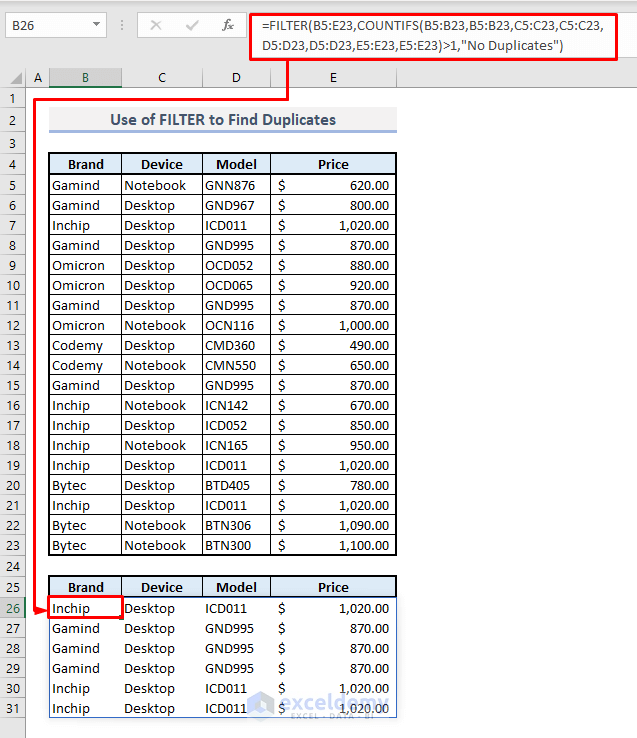 filter function multiple rows to find duplicates in excel