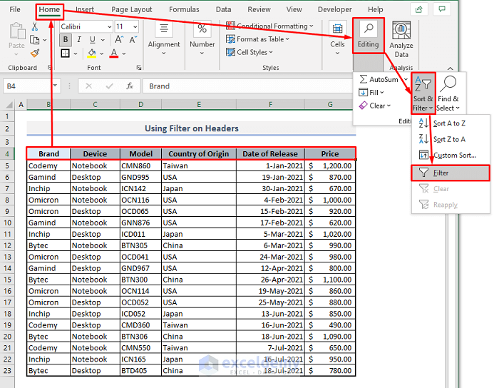 filter on table headers to sort multiple columns in excel
