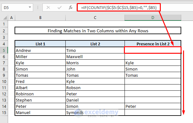 find duplicates in tow columns by using if countif