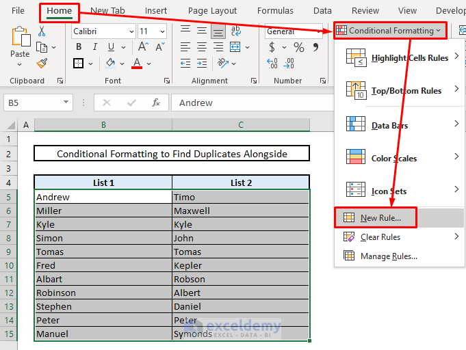 find duplicates in tow columns same row with conditional formatting