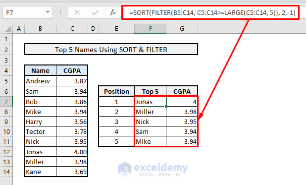 find top 5 values and names with duplicates by sort filter