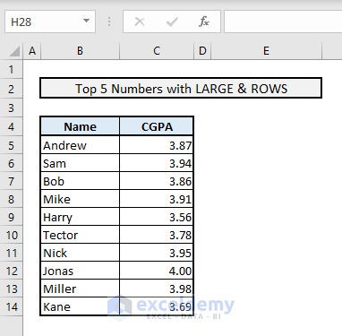 find top 5 values and names by large rows functions