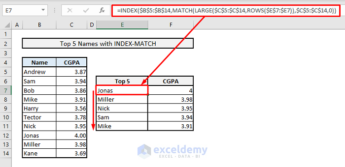 find top 5 values and names by index match