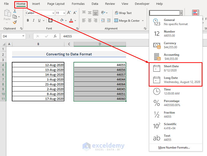 fix excel date not formatting correctly by converting into date format