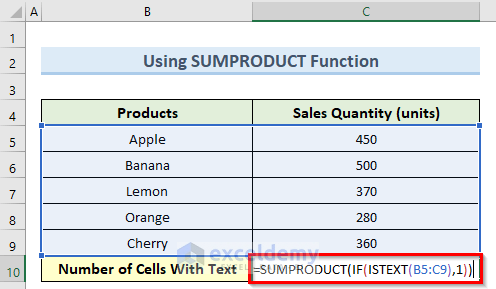 sumproduct function to count cells with text in excel