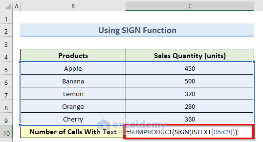 sign function to count cells with text in excel