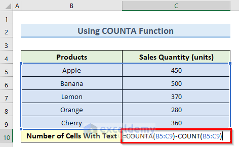 counta function to count cells with text in excel
